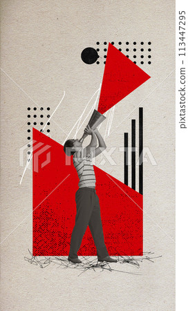 Contemporary art collage. Young man, business man shouting to retro bullhorn against light background with abstract object 113447295
