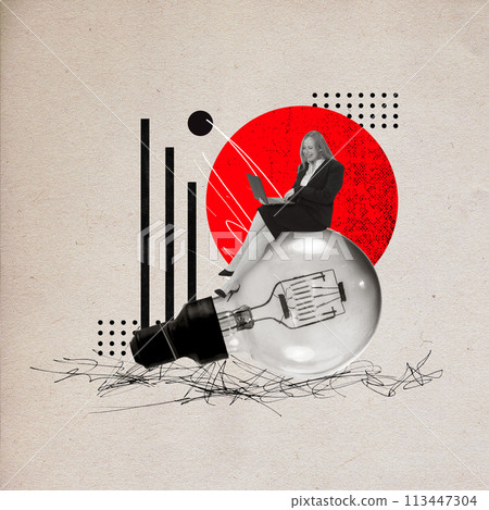 Contemporary art collage. Young business lady sitting on huge light bulb and working in laptop against light background with abstract object. 113447304