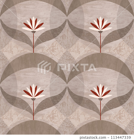 Textured abstract seamless pattern with symmetric minimalistic flower and smooth geometric shapes. Decorative repeat design in neutral gray taupe colors. Simple floral tile for wallpaper, interior Textured abstract seamless pattern with symmetric minimalistic flower and smooth geometric shapes. Decorative repeat design in neutral gray taupe colors. Simple floral tile for wallpaper, interior 113447339