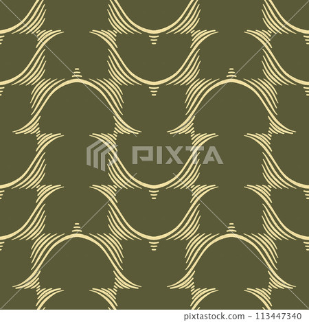 Abstract vintage seamless pattern. Simple minimal textured wavy lines on dark green background. Minimalistic classic wallpaper. Luxurious dark academia style motif in deep rich colors Abstract vintage seamless pattern. Simple minimal textured wavy lines on dark green background. Minimalistic classic wallpaper. Luxurious dark academia style motif in deep rich colors 113447340