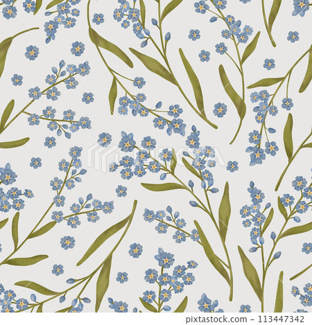 Forget-me-not floral seamless pattern. Delicate tiny blue watercolor flowers repeated background in soft neutral colors. Pretty elegant botanical illustration for bedding, nursery textile, fabrics Forget-me-not floral seamless pattern. Delicate tiny blue watercolor flowers repeated background in soft neutral colors. Pretty elegant botanical illustration for bedding, nursery textile, fabrics 113447342
