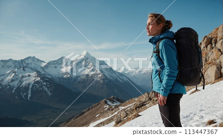 A young happy European woman with a tourist backpack stands on top of a rock in the mountains, travels and enjoys a beautiful view of the mountains, sky or nature. Untouched nature. Tourism and travel A young happy European woman with a tourist backpack stands on top of a rock in the mountains, travels and enjoys a beautiful view of the mountains, sky or nature. Untouched nature. Tourism and travel 113447367