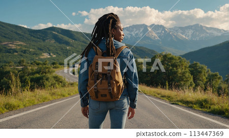 Young positive African American woman with a tourist backpack stands on top of a rock in the mountains, travels and enjoys a beautiful view of the mountains, sky or nature. Untouched nature. Tourism Young positive African American woman with a tourist backpack stands on top of a rock in the mountains, travels and enjoys a beautiful view of the mountains, sky or nature. Untouched nature. Tourism 113447369