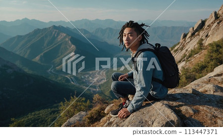 A young happy Chinese man with a tourist backpack stands on top of a rock in the mountains, travels and enjoys a beautiful view of the mountains, sky or nature. Untouched nature. Tourism and travel A young happy Chinese man with a tourist backpack stands on top of a rock in the mountains, travels and enjoys a beautiful view of the mountains, sky or nature. Untouched nature. Tourism and travel 113447371