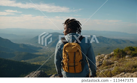 Young positive African American man with a tourist backpack stands on top of a rock in the mountains, travels and enjoys a beautiful view of the mountains, sky or nature. Untouched nature. Tourism and Young positive African American man with a tourist backpack stands on top of a rock in the mountains, travels and enjoys a beautiful view of the mountains, sky or nature. Untouched nature. Tourism and 113447375