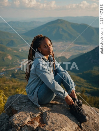 Young positive African American woman with a tourist backpack stands on top of a rock in the mountains, travels and enjoys a beautiful view of the mountains, sky or nature. Untouched nature. Tourism 113447388