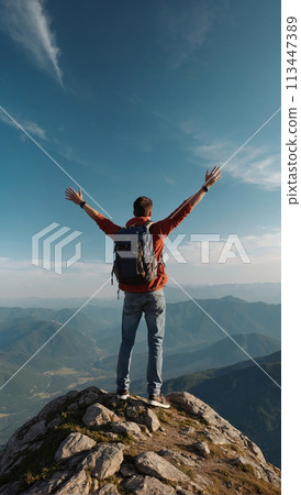 A young happy European man a tourist backpack stands on top of a rock in the mountains, travels and enjoys a beautiful view of the mountains, sky or nature. Untouched nature. Tourism and travel A young happy European man a tourist backpack stands on top of a rock in the mountains, travels and enjoys a beautiful view of the mountains, sky or nature. Untouched nature. Tourism and travel 113447389