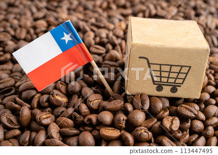 Chile flag with shopping cart on coffee bean, import export trade online commerce. 113447495