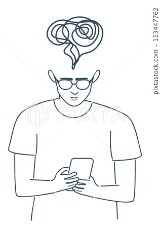 Boy read from smartphone screen line art Boy read from smartphone screen line art 113447762