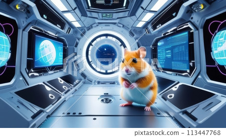 A funny red-and-white hamster on the elegant command deck of a spaceship A funny red-and-white hamster on the elegant command deck of a spaceship 113447768