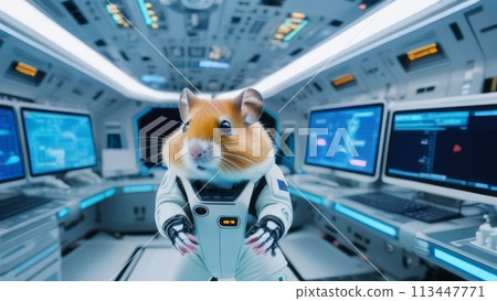 A cute hamster in a futuristic robotic suit aboard a spacecraft A cute hamster in a futuristic robotic suit aboard a spacecraft 113447771