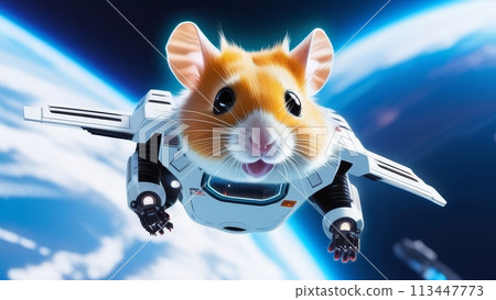 A hamster in a white jet space suit with wings is flying in space A hamster in a white jet space suit with wings is flying in space 113447773