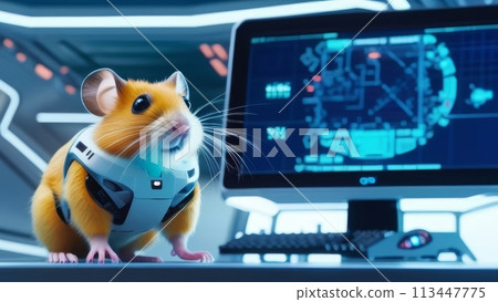 A golden hamster in a futuristic robotic suit aboard a spacecraft 113447775