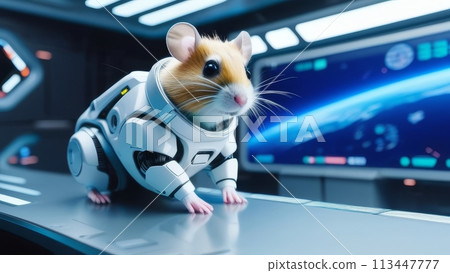 A hamster in a futuristic robotic suit aboard a spacecraft A hamster in a futuristic robotic suit aboard a spacecraft 113447777