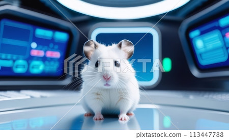 A curious hamster at the helm of a futuristic spacecraft dashboard A curious hamster at the helm of a futuristic spacecraft dashboard 113447788