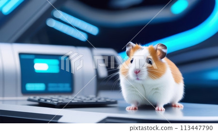 A cute red-and-white hamster on the elegant command deck of a spaceship A cute red-and-white hamster on the elegant command deck of a spaceship 113447790