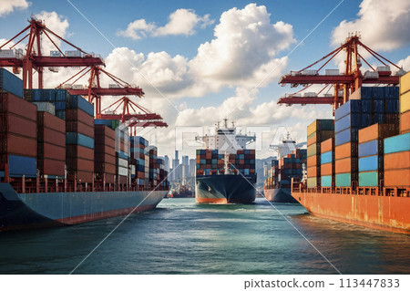 裝滿集裝箱的巨型貨輪在城市港口航行 113447833