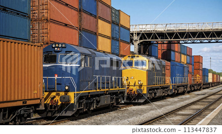 貨運火車裝滿貨物集裝箱停靠在鐵路編組站 貨運火車裝滿貨物集裝箱停靠在鐵路編組站 113447837