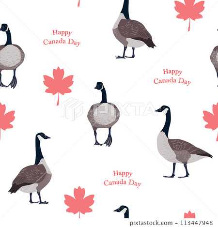 Red maple leaves and Canadian geese on white background. Canada Day seamless pattern, vector illustration 113447948
