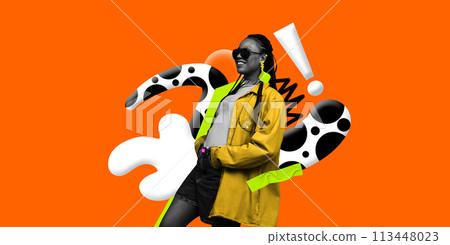 Stylish young woman in colorful clothes. Energy and creativity of urban fashion culture. Contemporary art collage. 113448023