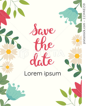 Greeting card with flowers, can be used as invitation card for wedding, birthday and other holiday and spring or summer background. Vector illustration. 113448159
