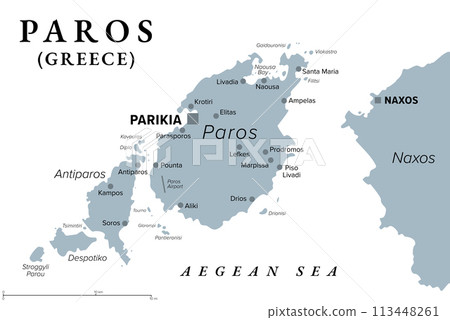 Paros, Greek island, gray political map. Island of Greece in the Aegean Sea, west of Naxos, and part of the Cyclades. With islands Antiparos, Despotiko and Stroggyli in the west. Illustration. Vector 113448261