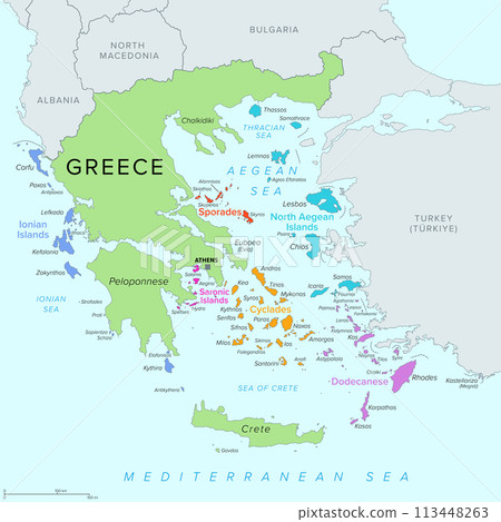 Islands of Greece, political map. Greek islands groups and clusters. The Cyclades, Dodecanese, Sporades, North Aegean and Saronic Islands lying in the Aegean Sea, the Ionian Islands in the Ionian Sea. 113448263