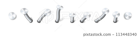Nails hammered into wall steel straight and bent metal hardware spikes. Hobnails with grey caps top view isolated on transparent background. Vector 113448340