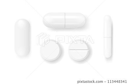 Pills and capsules Medicines tablets, capsules drug of painkillers, antibiotics vitamins. isolated on white background. Vector 113448341