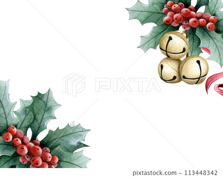 Red green Christmas card template with holly ilex plant and gold jingle belles. Watercolor illustration banner isolated on white. Hand drawn winter holiday season symbols for New year designs 113448342