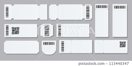 Ticket Empty template. Concert movie theater boarding blank white tickets lottery coupons . Vector 113448347