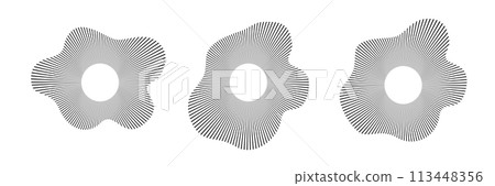 Circular sound waves audio music round symbols of voice equalizers radial spectrum designs ring patterns. Vector 113448356