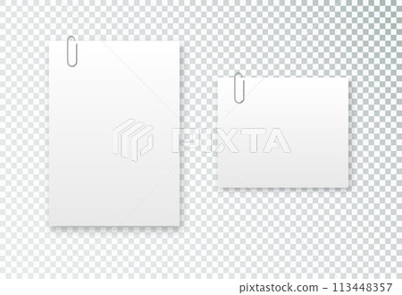 Blank paper sheet in A4 format on transparent background. Notebook page, document with steel paper clip. Vector Blank paper sheet in A4 format on transparent background. Notebook page, document with steel paper clip. Vector 113448357