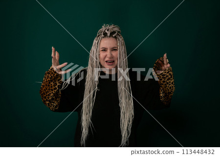 Woman With Long White Hair and Leopard Print Jacket 113448432