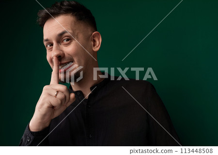 Man Making Funny Face With Finger to Lips Man Making Funny Face With Finger to Lips 113448508