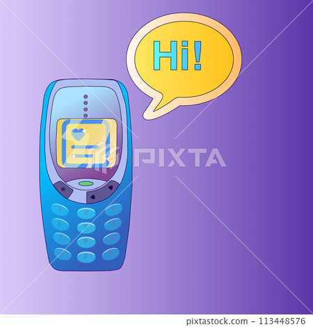 stylish glamorous phone in acid blue color. retro mobile non-touch phone with buttons. The phone display shows a chat with messages that say hi stylish glamorous phone in acid blue color. retro mobile non-touch phone with buttons. The phone display shows a chat with messages that say hi 113448576