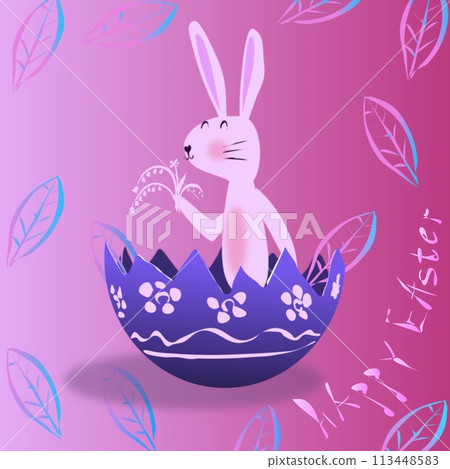 beautiful white eastecute easter bunny with flowers in his hand stands in an eggshell. pink background with leaves and happy easter inscriptionr bunny on pink background. Vector illustration 113448583