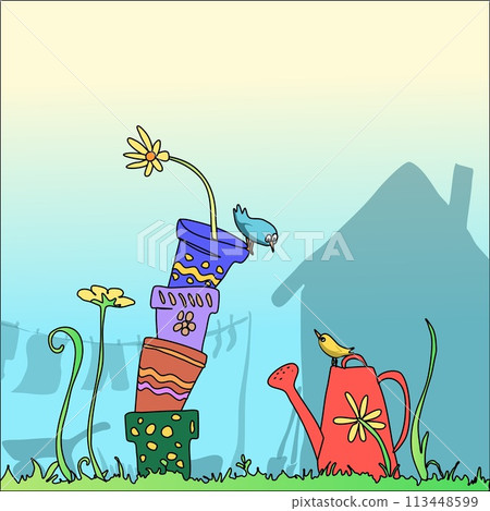 Cartoon wallpaper in the style of a garden garden spring season with pots, birds and flowers in a stack. All the necessary attributes for farming, from shovels and carts to a watering can for watering 113448599