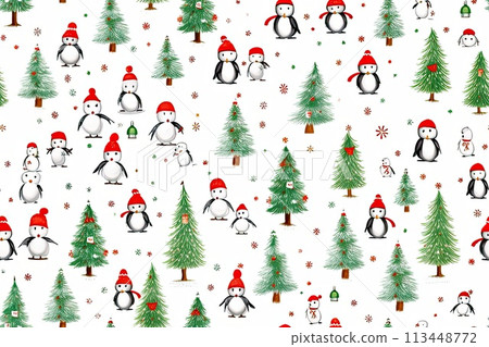 Mix pinguins in Christmas cloth with Christmas trees on white background 113448772