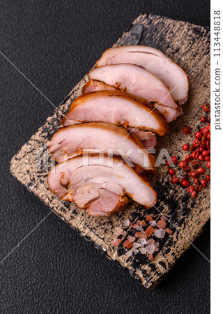 Delicious kebab of chicken or pork meat with salt, spices and herbs 113448818