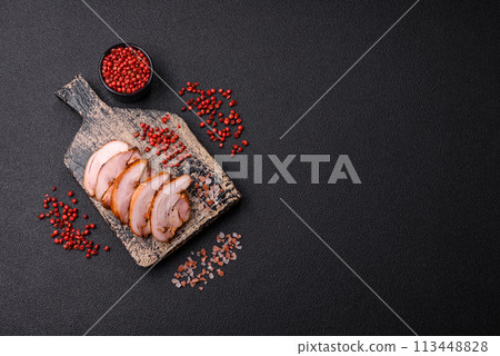 Delicious kebab of chicken or pork meat with salt, spices and herbs 113448828