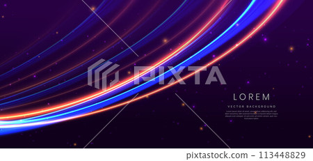 Abstract technology futuristic neon curved glowing blue and gold light lines with speed motion blur effect on dark background. Abstract technology futuristic neon curved glowing blue and gold light lines with speed motion blur effect on dark background. 113448829