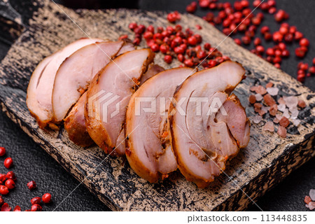 Delicious kebab of chicken or pork meat with salt, spices and herbs Delicious kebab of chicken or pork meat with salt, spices and herbs 113448835