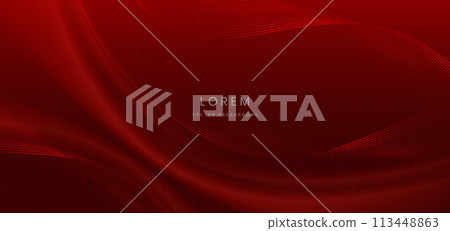 Abstract curved red lines shape on red background with lighting effect and copy space for text. Luxury design style. Abstract curved red lines shape on red background with lighting effect and copy space for text. Luxury design style. 113448863