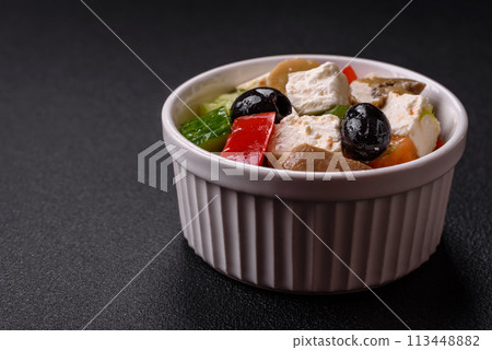 Delicious fresh juicy salad of sweet peppers, cheese, olives, tomatoes, cucumbers Delicious fresh juicy salad of sweet peppers, cheese, olives, tomatoes, cucumbers 113448882