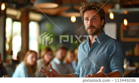 Confident Entrepreneur Presenting New Business Strategy to Team in Modern Office Space 113449206