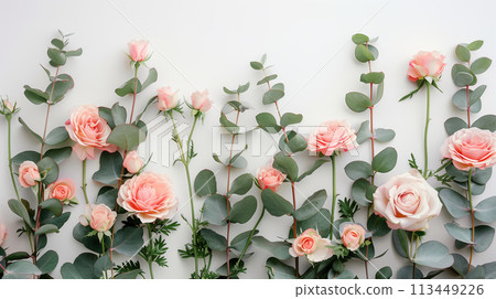 Group of Pink Roses and Green Leaves on White Wall Group of Pink Roses and Green Leaves on White Wall 113449226