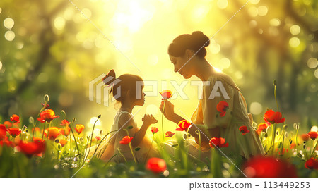Mother and Daughter Sitting in a Field of Flowers Mother and Daughter Sitting in a Field of Flowers 113449253