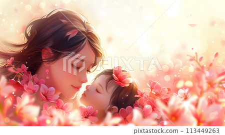 Woman and Child Frolicking in Field of Flowers Woman and Child Frolicking in Field of Flowers 113449263