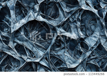 A mesmerizing Seamless pattern of dark blue and grey abstract organic shapes interlace on the canvas. 113449266